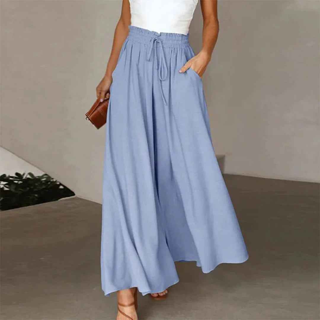Women's High Waist Wide Leg Pants with Elastic Drawstring - Comfortable Fit Blue