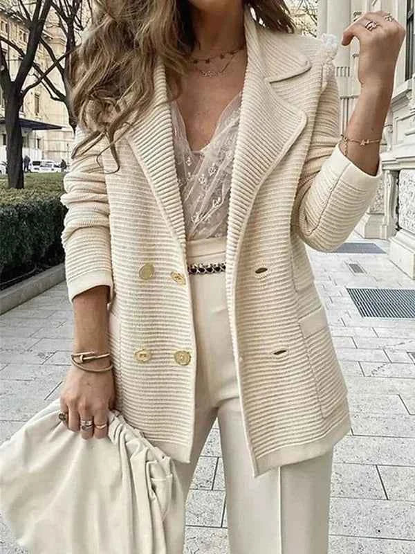 Women's Double-Breasted Knit Blazer - Relaxed Fit with Flap Pockets - Elegant Style Beige