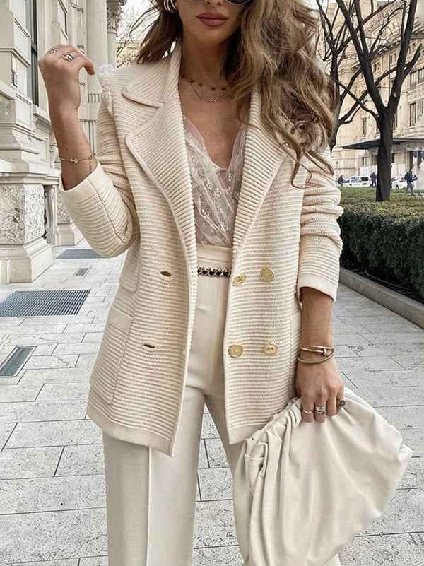 Women's Double-Breasted Knit Blazer - Relaxed Fit with Flap Pockets - Elegant Style