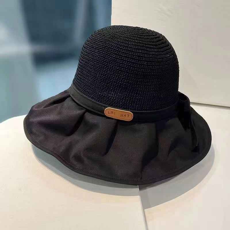Bow Fisherman Hat Summer Straw Sunhat With Large Brim Anti-UV Sunshade And Face Protection Hat Outdoor Black L