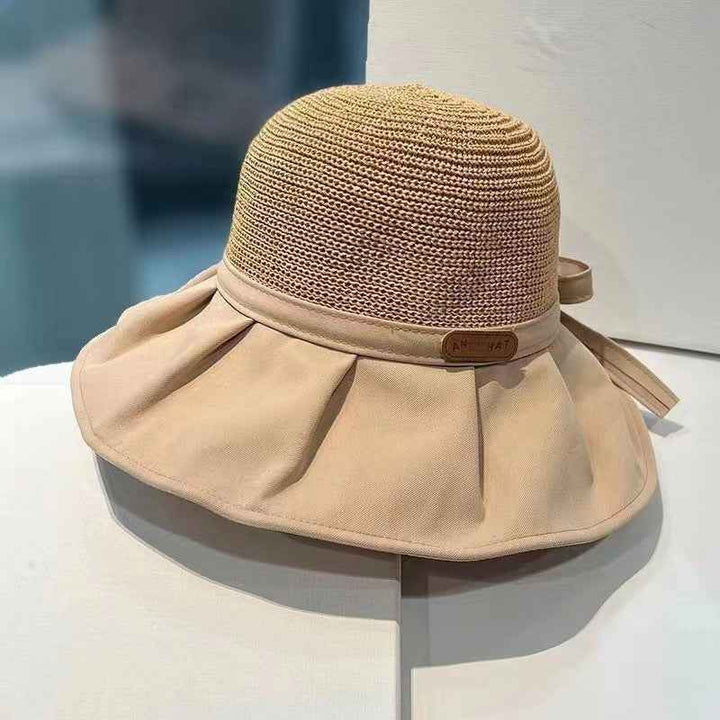 Bow Fisherman Hat Summer Straw Sunhat With Large Brim Anti-UV Sunshade And Face Protection Hat Outdoor Khaki L