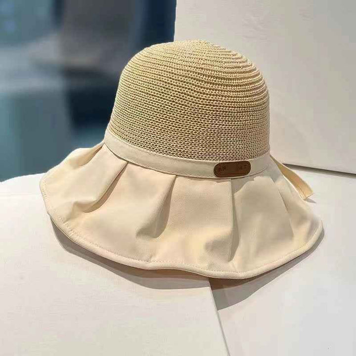 Bow Fisherman Hat Summer Straw Sunhat With Large Brim Anti-UV Sunshade And Face Protection Hat Outdoor Beige L