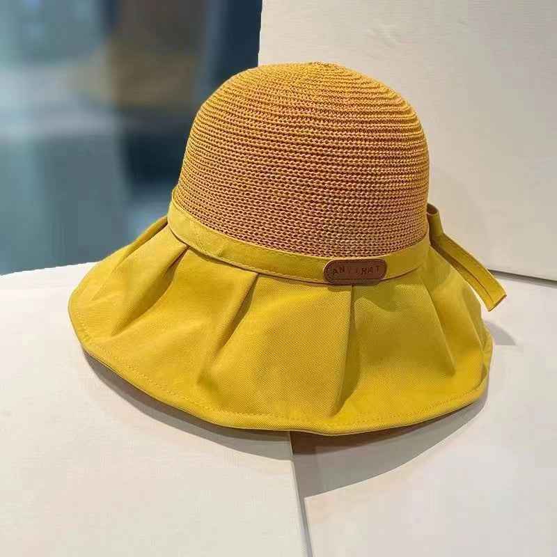 Bow Fisherman Hat Summer Straw Sunhat With Large Brim Anti-UV Sunshade And Face Protection Hat Outdoor Yellow L