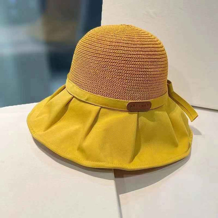 Bow Fisherman Hat Summer Straw Sunhat With Large Brim Anti-UV Sunshade And Face Protection Hat Outdoor Yellow L