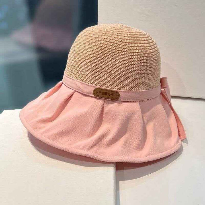 Bow Fisherman Hat Summer Straw Sunhat With Large Brim Anti-UV Sunshade And Face Protection Hat Outdoor Pink L