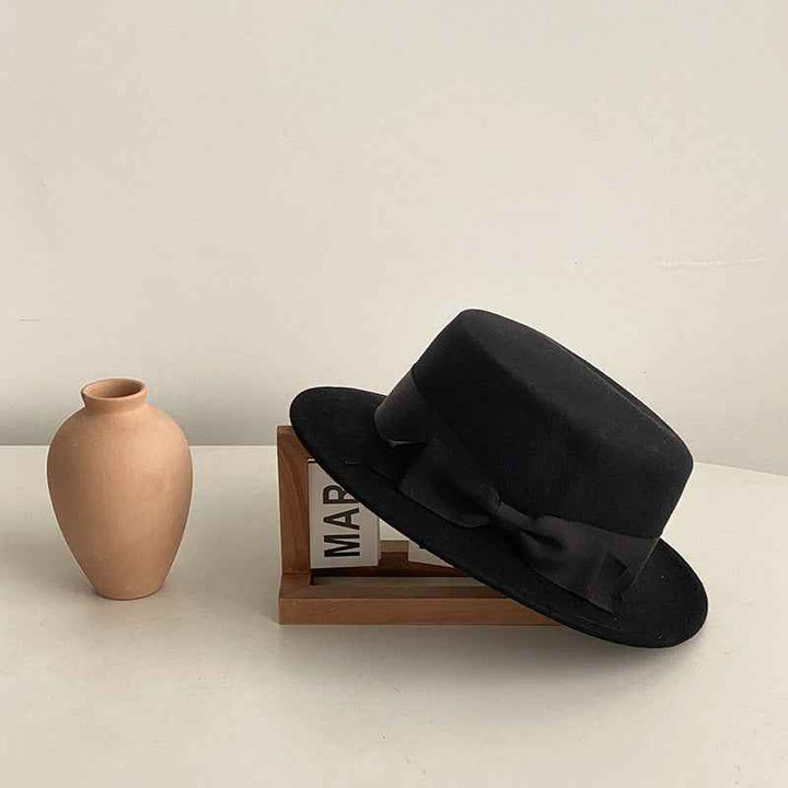 Bow Japanese Style British Style Western Style French Retro Flat-brimmed Cap Black And Black Bow Adjustable