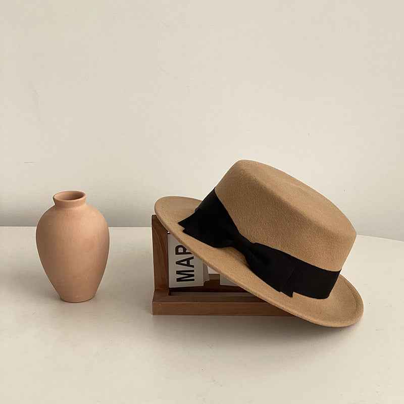 Bow Japanese Style British Style Western Style French Retro Flat-brimmed Cap Khaki And Black Bow Adjustable