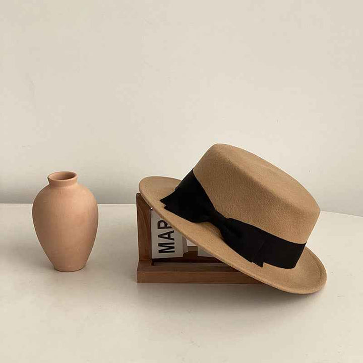 Bow Japanese Style British Style Western Style French Retro Flat-brimmed Cap Khaki And Black Bow Adjustable