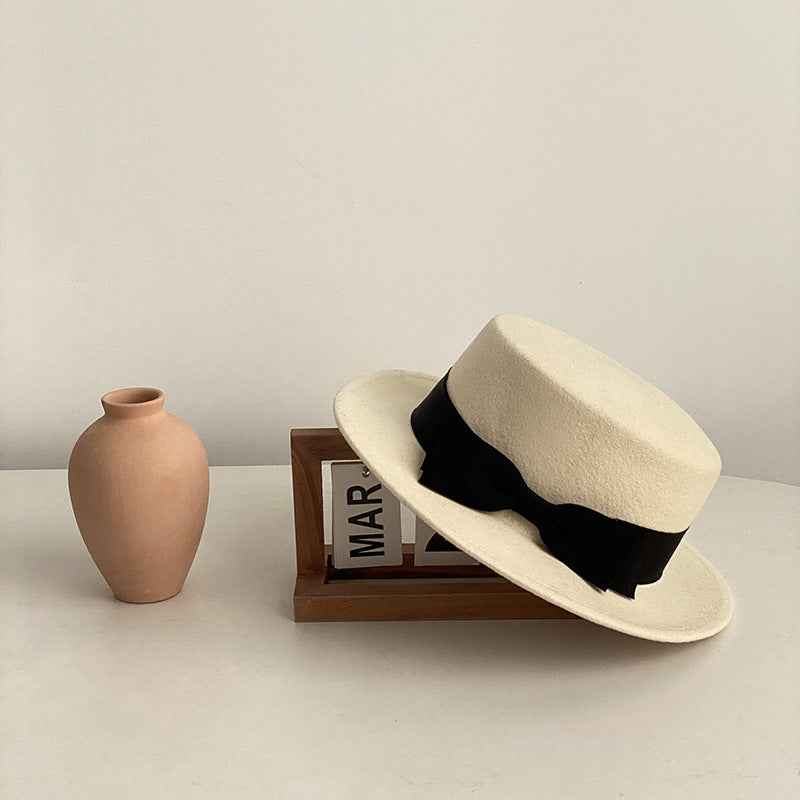 Bow Japanese Style British Style Western Style French Retro Flat-brimmed Cap White And Black Bow Adjustable