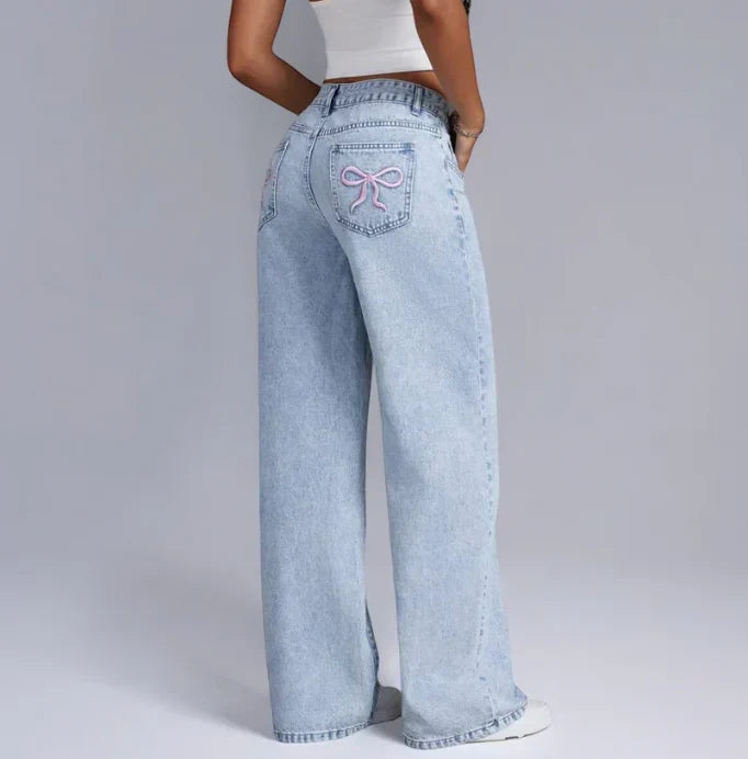 Dahna | Women's Wide Leg Denim Jeans with Pink Bow Accents Blue