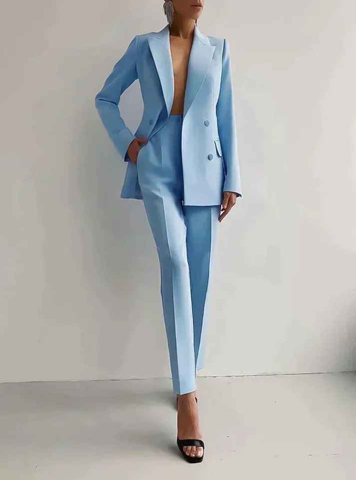 Women's Slim Fit Pantsuit – Tailored Blazer & High Waist Pants – Elegant Style Light Blue