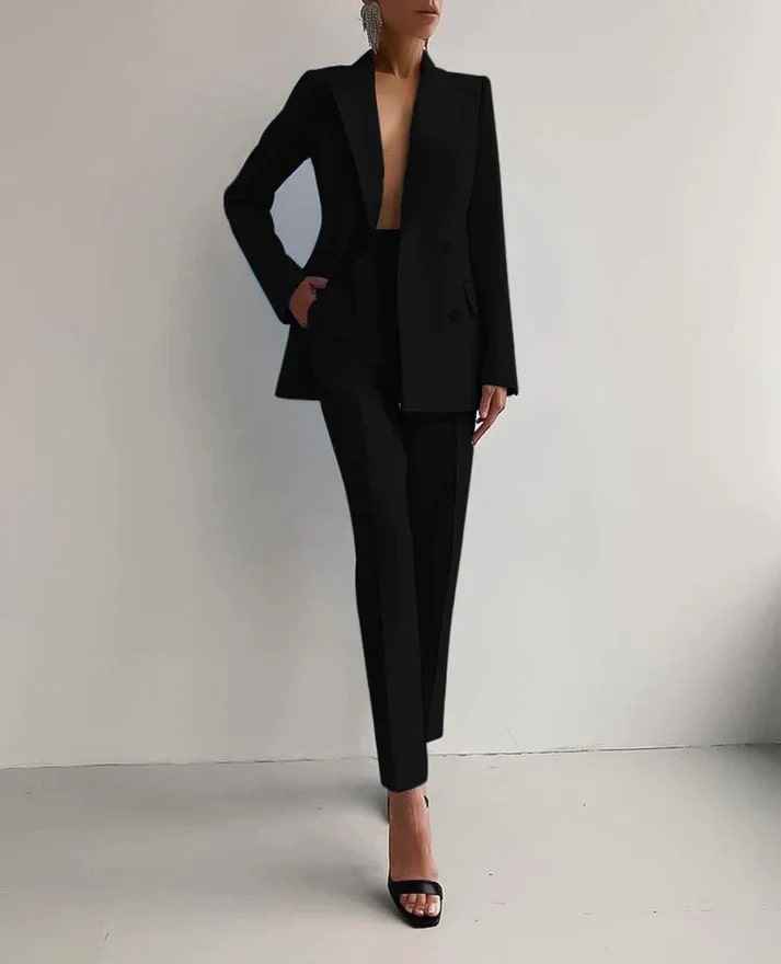 Women's Slim Fit Pantsuit – Tailored Blazer & High Waist Pants – Elegant Style Black