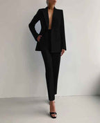 Women's Slim Fit Pantsuit – Tailored Blazer & High Waist Pants – Elegant Style Black