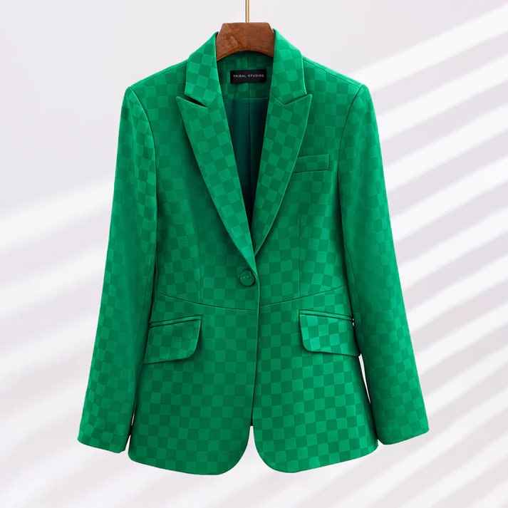Women's Tailored Check Blazer - Single Button - Versatile for Formal & Casual Wear Green