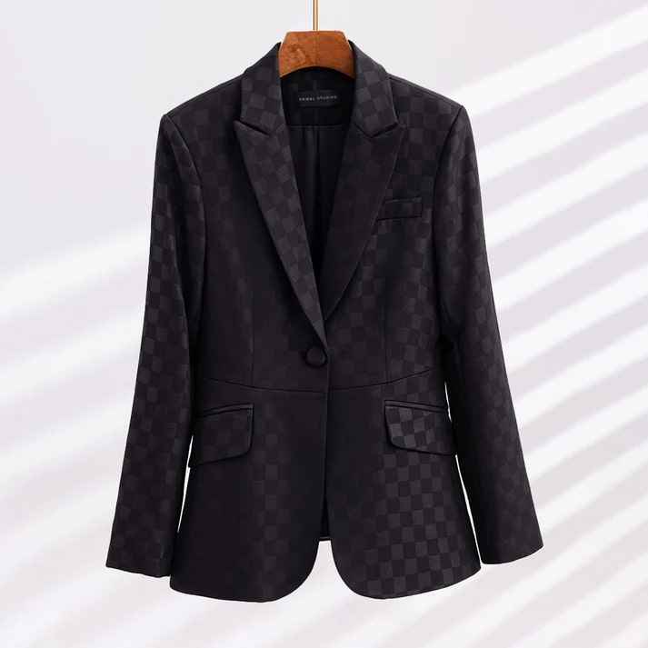 Women's Tailored Check Blazer - Single Button - Versatile for Formal & Casual Wear Black