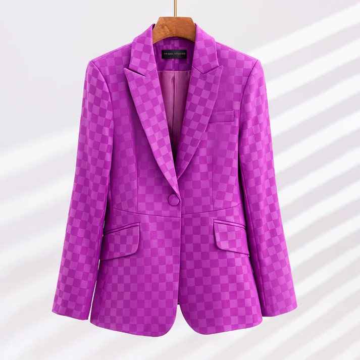 Women's Tailored Check Blazer - Single Button - Versatile for Formal & Casual Wear Magenta
