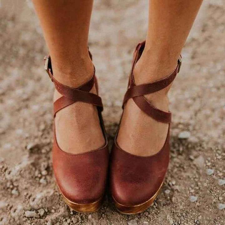 Teresa | Elegant Wedge Heels with Closed Toe & Ankle Strap Brown