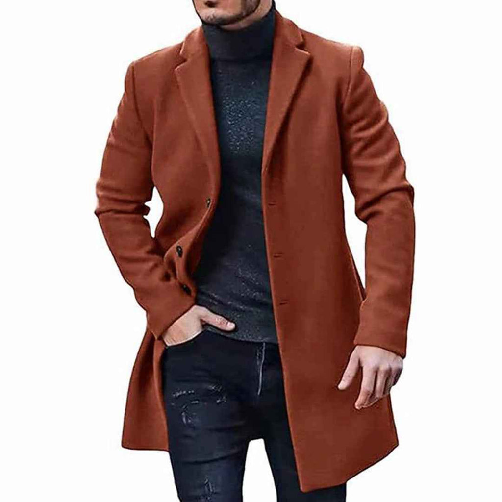 Men's Wool Blend Coat – Tailored Fit – Knee Length – Button Closure – Smart Casual Brown