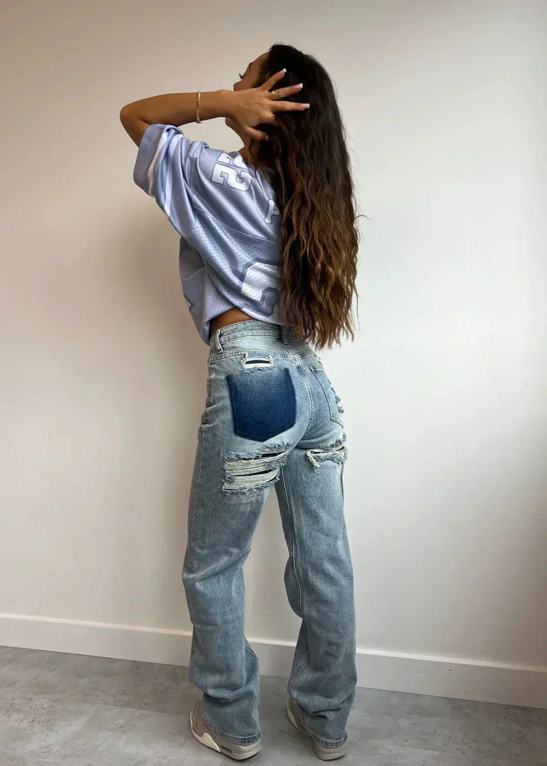 Burgina | Women's Vintage Ripped Jeans with Unique Patchwork Design Blue