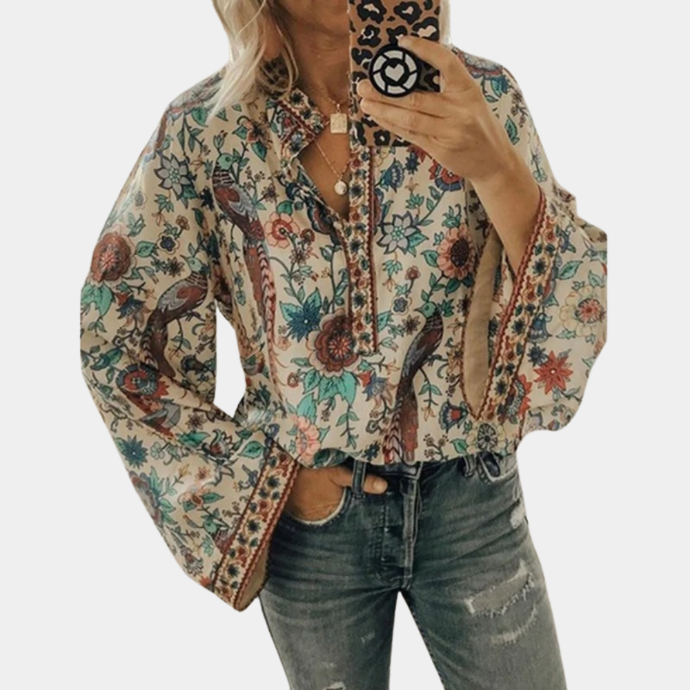 Women's Floral Pattern Long-Sleeved Blouse Apricot