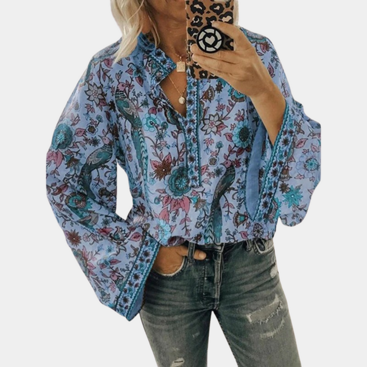 Women's Floral Pattern Long-Sleeved Blouse Blue