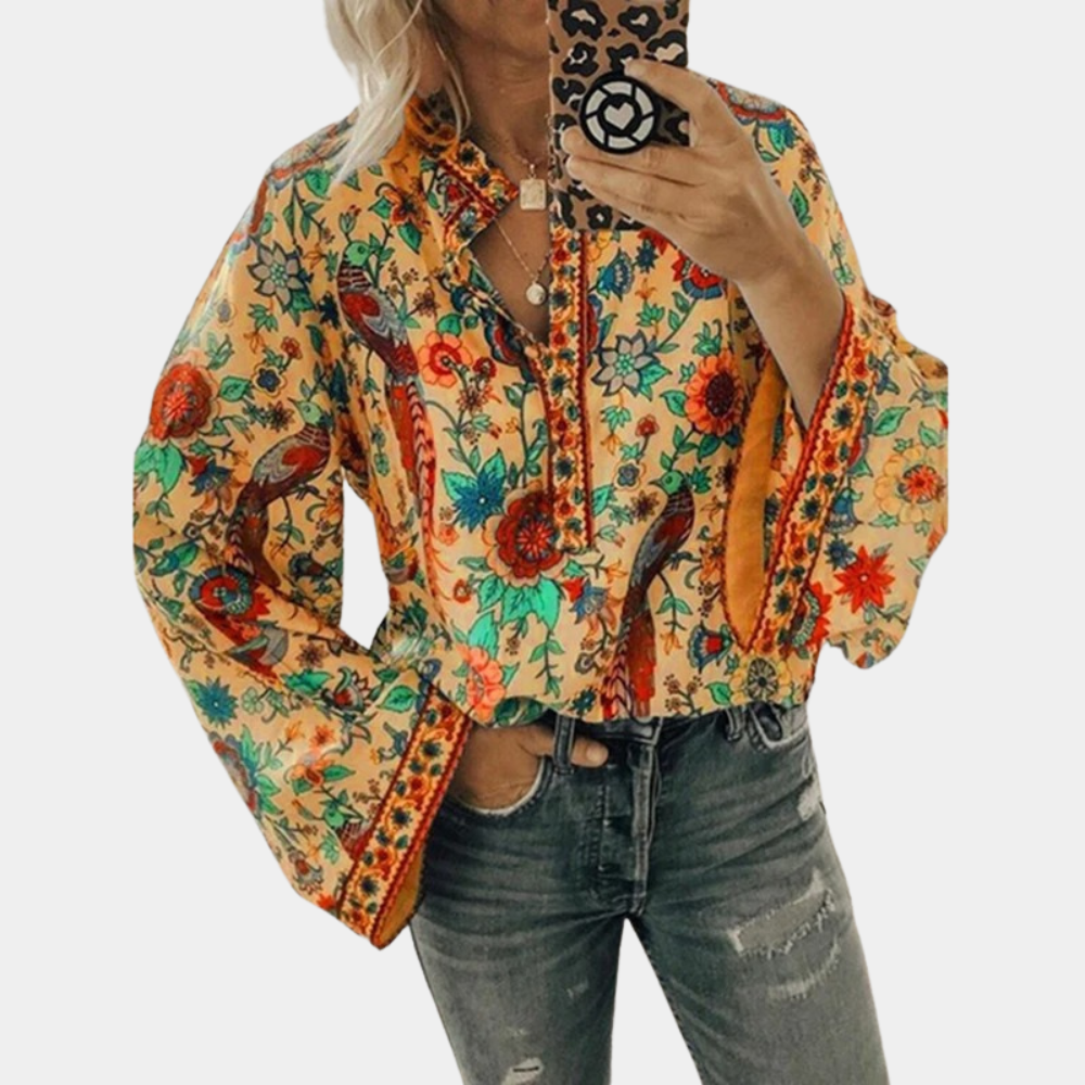 Women's Floral Pattern Long-Sleeved Blouse Orange