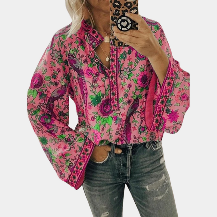 Women's Floral Pattern Long-Sleeved Blouse Pink