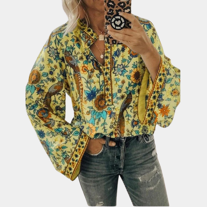Women's Floral Pattern Long-Sleeved Blouse Yellow