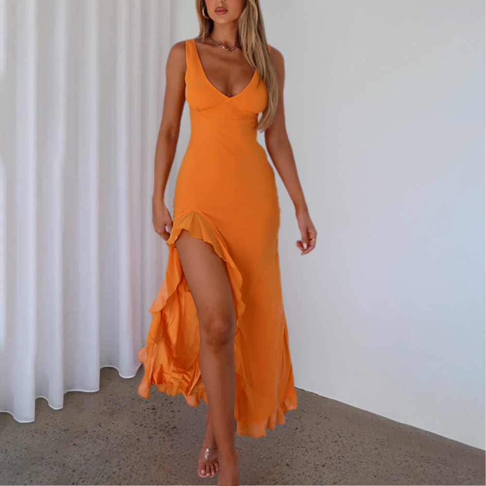 Paige | Women's Elegant Sleeveless V-Neck Maxi Dress with Slit Orange