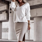 Women's Ribbed Knit Pencil Skirt – Elastic Slim Fit with Slit – Elegant Casual Style White