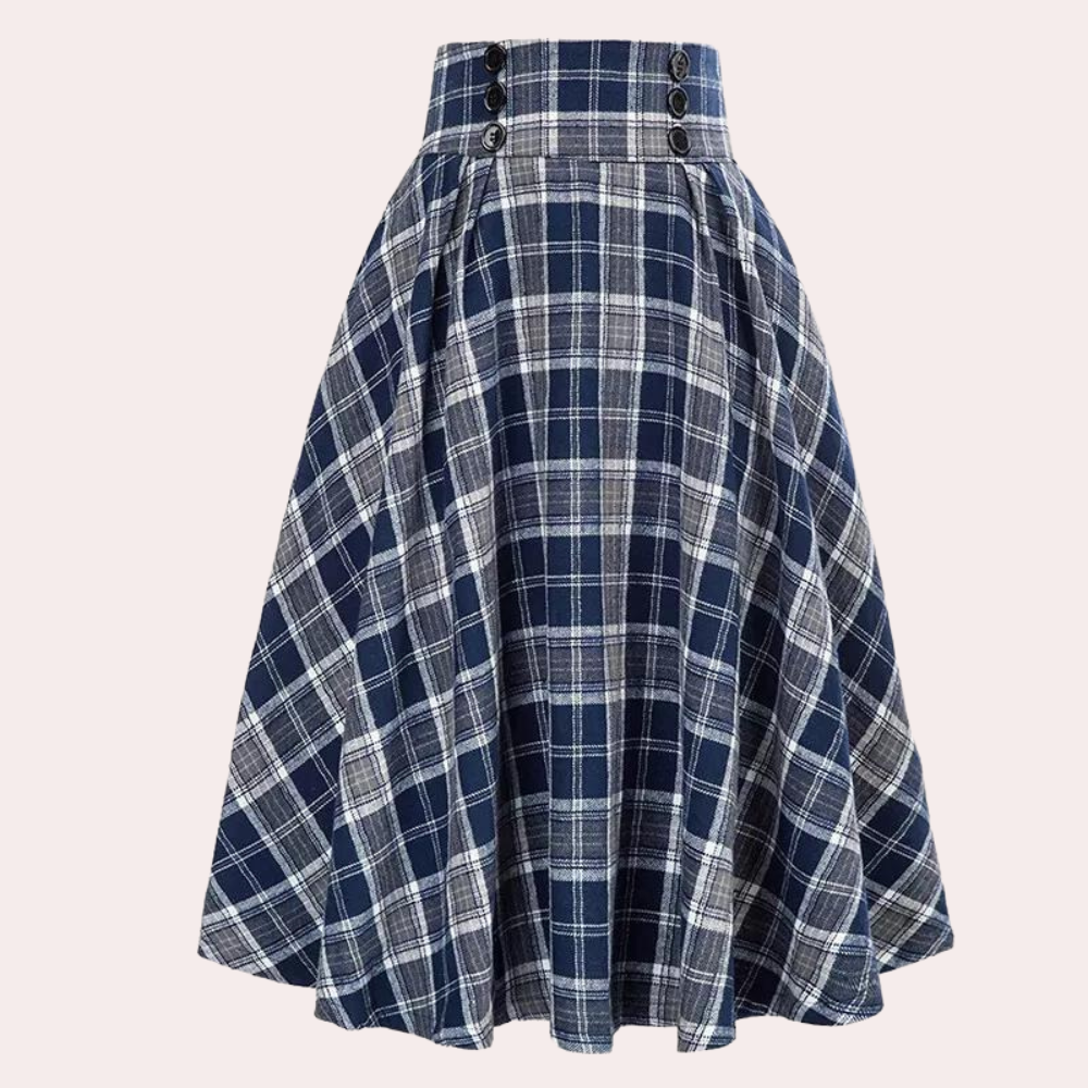 Women's High-Waisted Braided Midi Skirt - Checked Design Blue