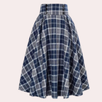 Women's High-Waisted Braided Midi Skirt - Checked Design Blue