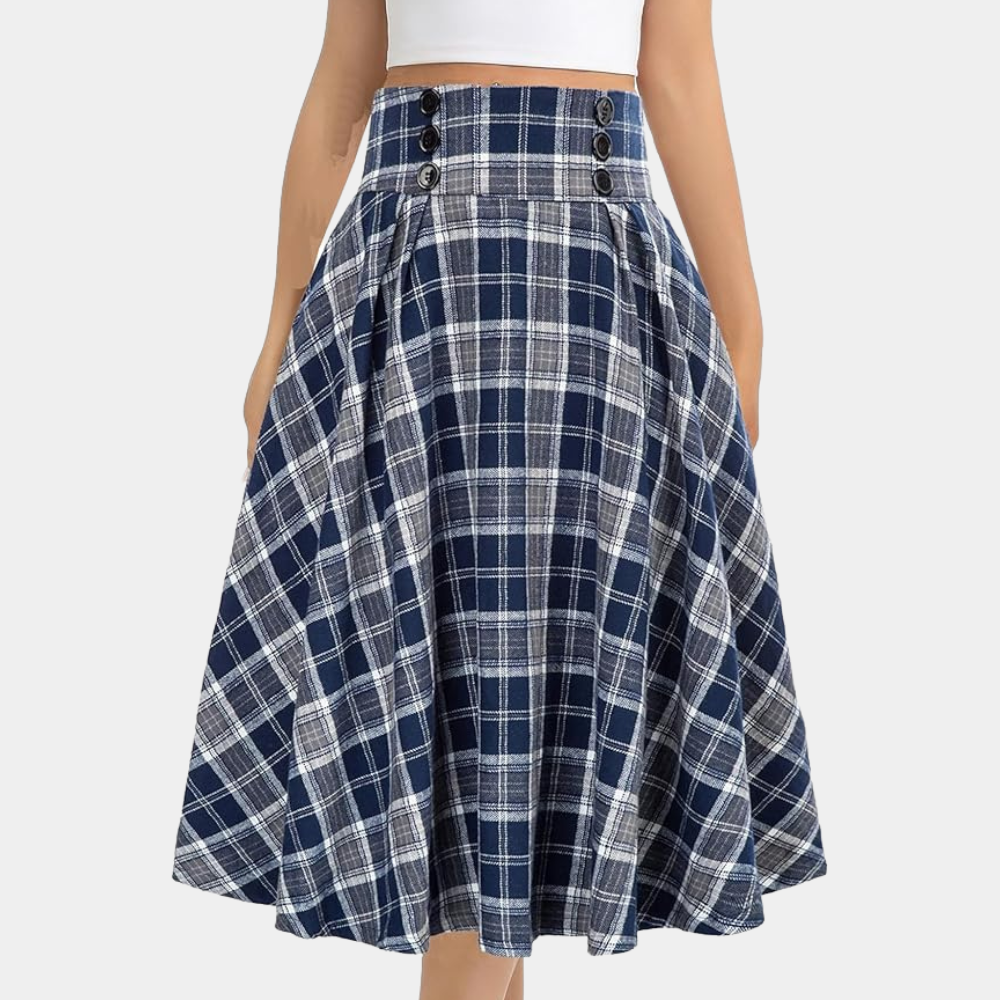 Women's High-Waisted Braided Midi Skirt - Checked Design