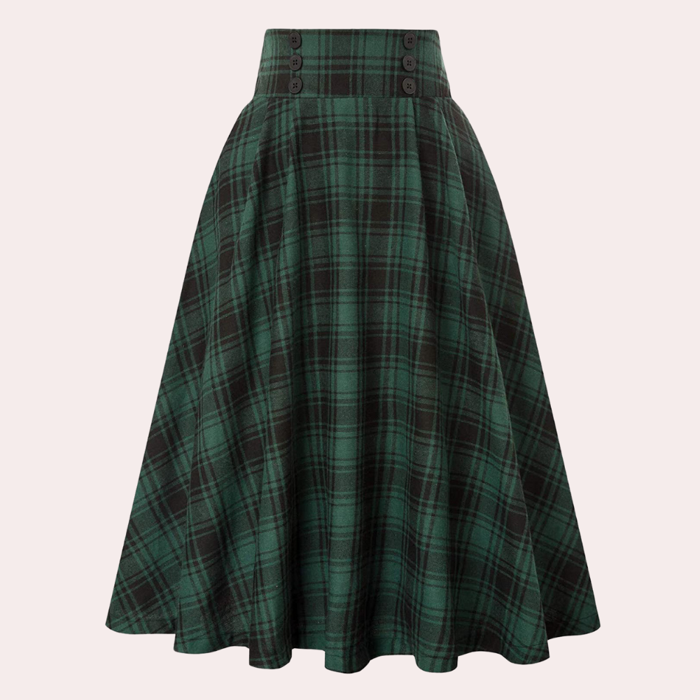 Women's High-Waisted Braided Midi Skirt - Checked Design Green