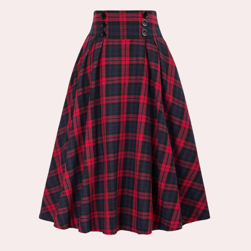 Women's High-Waisted Braided Midi Skirt - Checked Design Red