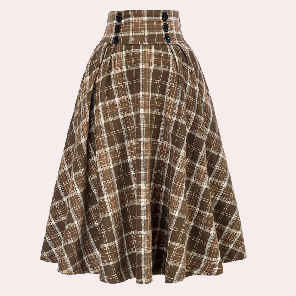 Women's High-Waisted Braided Midi Skirt - Checked Design Yellow