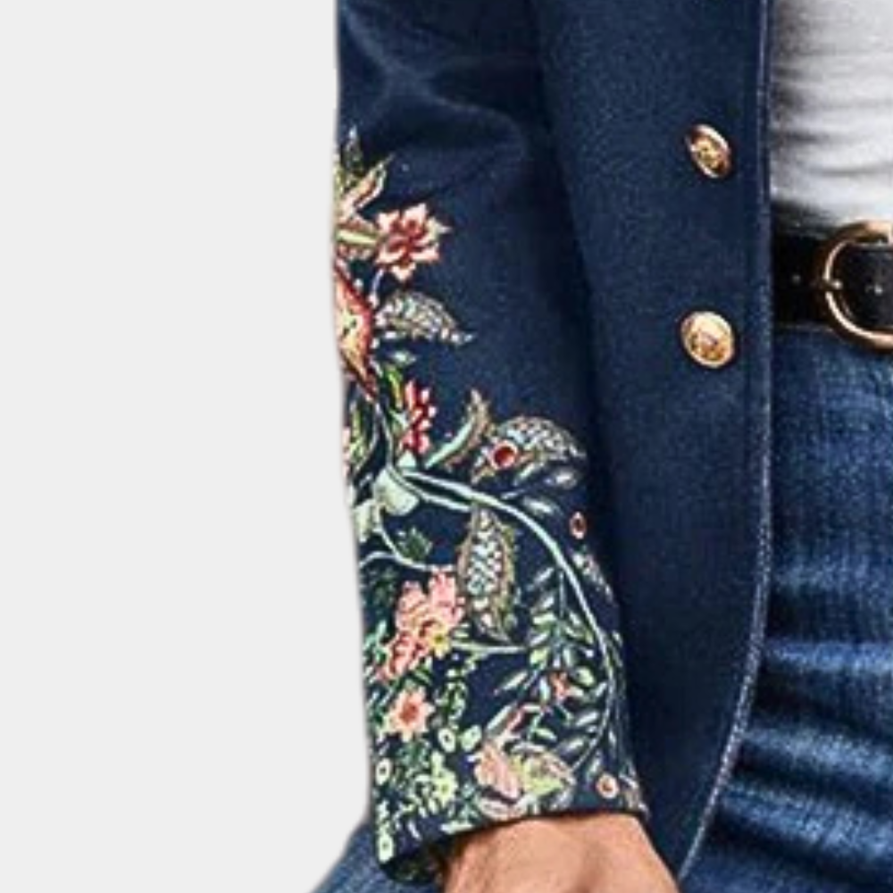 Women's Fitted Blazer with Embroidered Floral Details - Elegant High-Neck Design