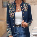 Women's Fitted Blazer with Embroidered Floral Details - Elegant High-Neck Design 2XL