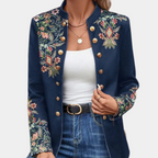 Women's Fitted Blazer with Embroidered Floral Details - Elegant High-Neck Design