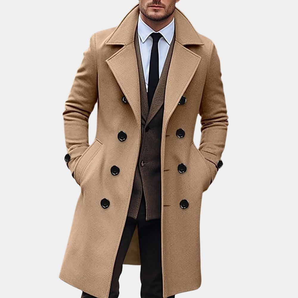 Men's Tailored Woolmix Overcoat – Double-Breasted Knee-Length Formal Wear Khaki
