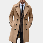 Men's Tailored Woolmix Overcoat – Double-Breasted Knee-Length Formal Wear Khaki