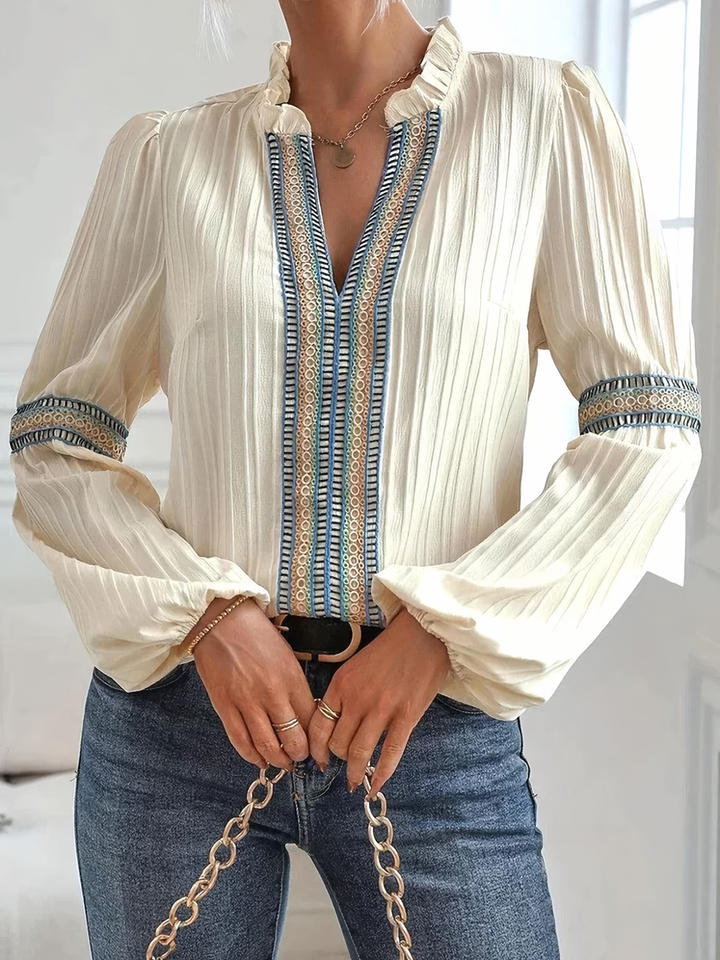 Women's Elegant Blouse – Ruffled Collar, Puff Sleeves & Embroidered Details – V-Neck Style 2XL