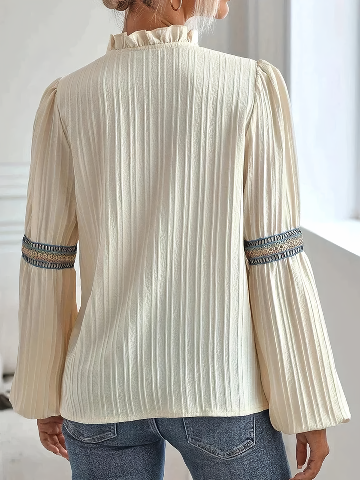 Women's Elegant Blouse – Ruffled Collar, Puff Sleeves & Embroidered Details – V-Neck Style