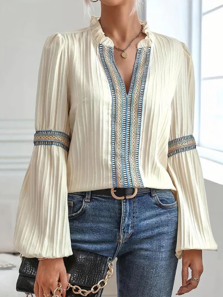 Women's Elegant Blouse – Ruffled Collar, Puff Sleeves & Embroidered Details – V-Neck Style