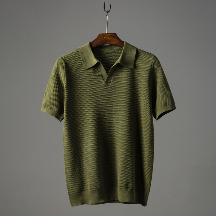 Men's Textured Fabric Summer Polo Shirt with Turn-Down Collar Green