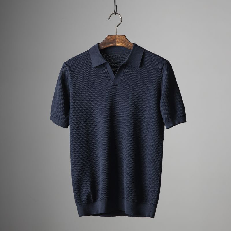 Men's Textured Fabric Summer Polo Shirt with Turn-Down Collar Navy Blue