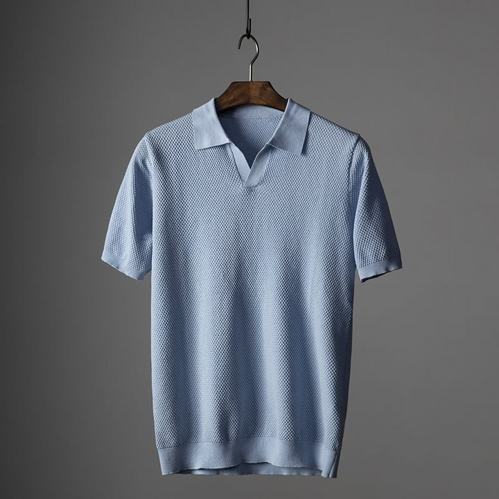 Men's Textured Fabric Summer Polo Shirt with Turn-Down Collar Blue