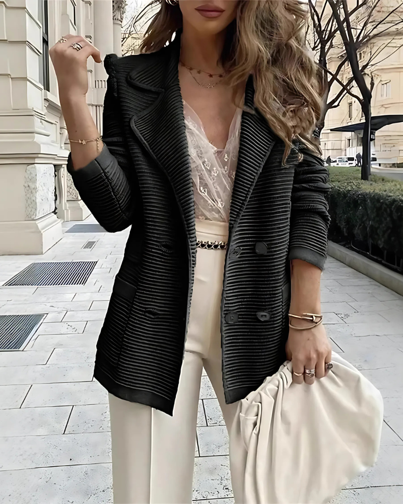 Women's Relaxed Fit Blazer - Ribbed Knit with Double Row Buttons and Long Sleeves Black
