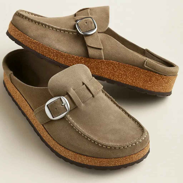 Women's Comfortable Wide Fit Mules – Stylish Suede Design Beige
