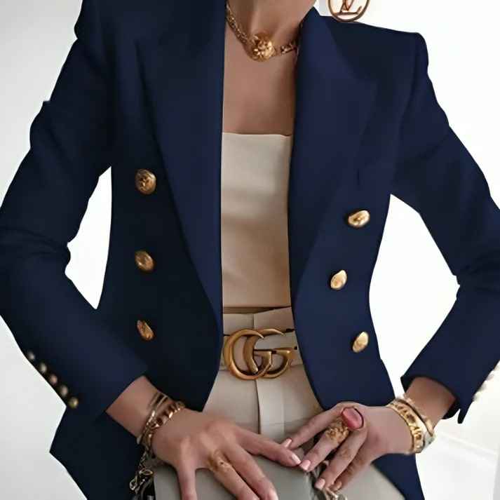 Women's Double-Breasted Fitted Blazer with Gold Buttons and Classic Lapels Navy Blue